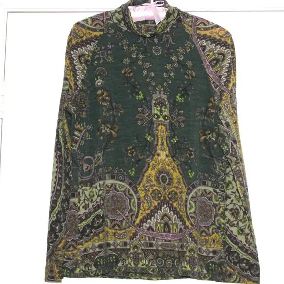 ETRO Italy Knit Wool Blend Pleated Back Top Paisley Turtleneck India Print 46 EU